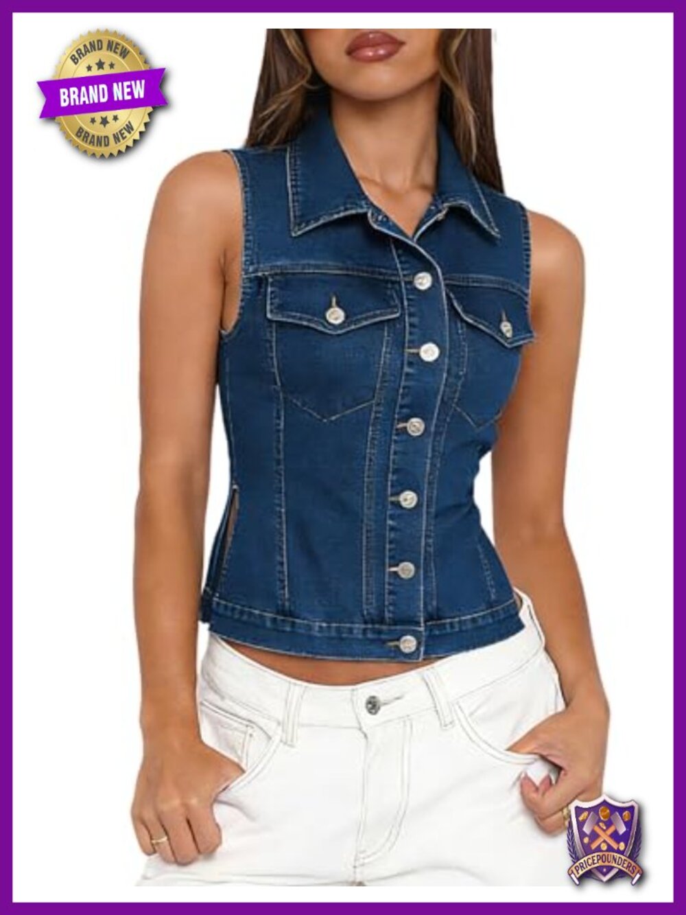 POTILI Denim Vest Top Women Button Down Side Slit Jean Vest Jackets
